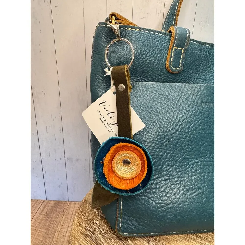 Genuine Leather Round Flower Purse Charm Blue Orange Light Pink Boho Bag Charm